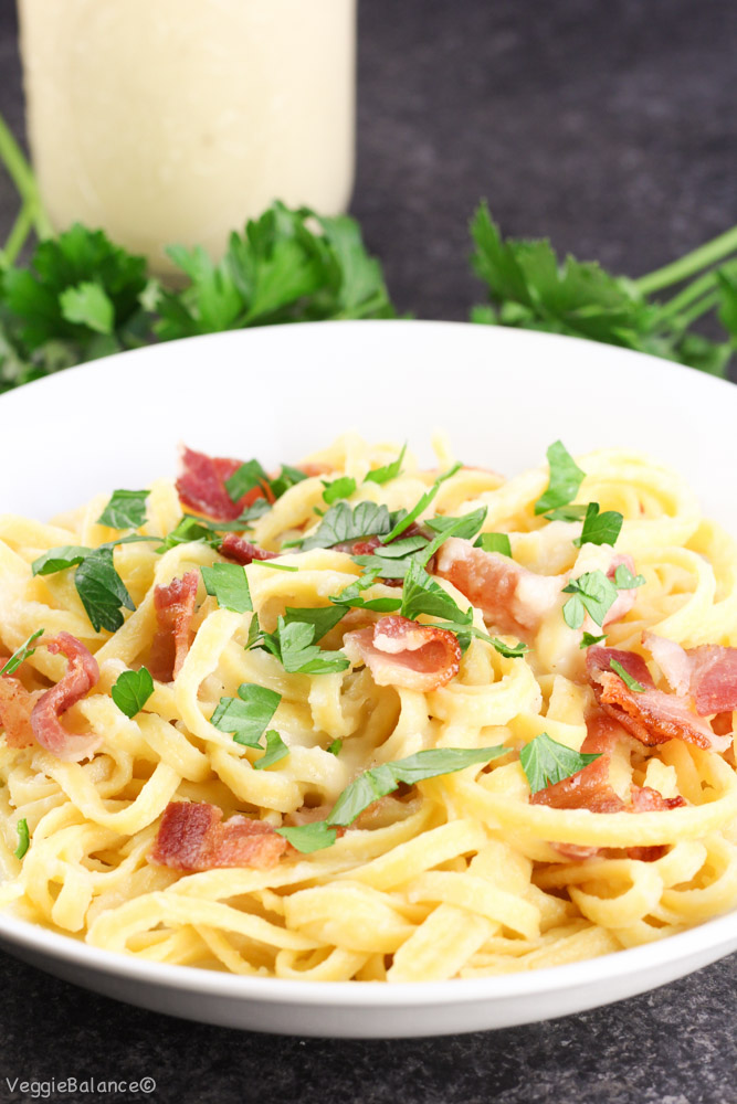 Fettuccine Alfredo with Bacon {DairyFree} VeggieBalance