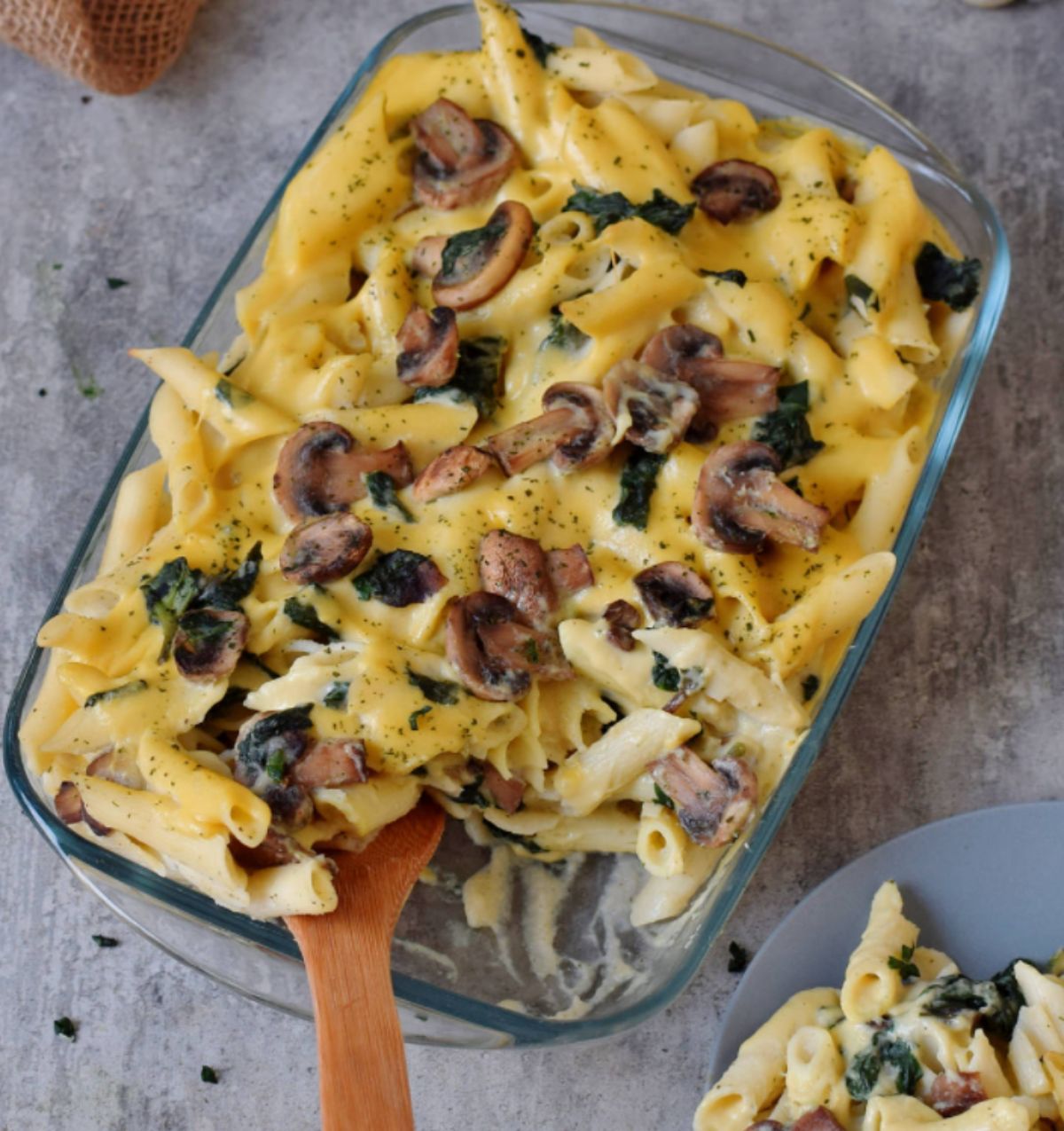 Gluten free began pasta bake in a glass casserole dish