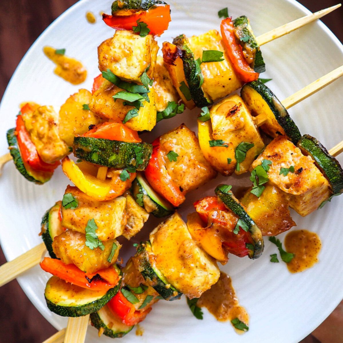 a top view of pineapple tofu skewers