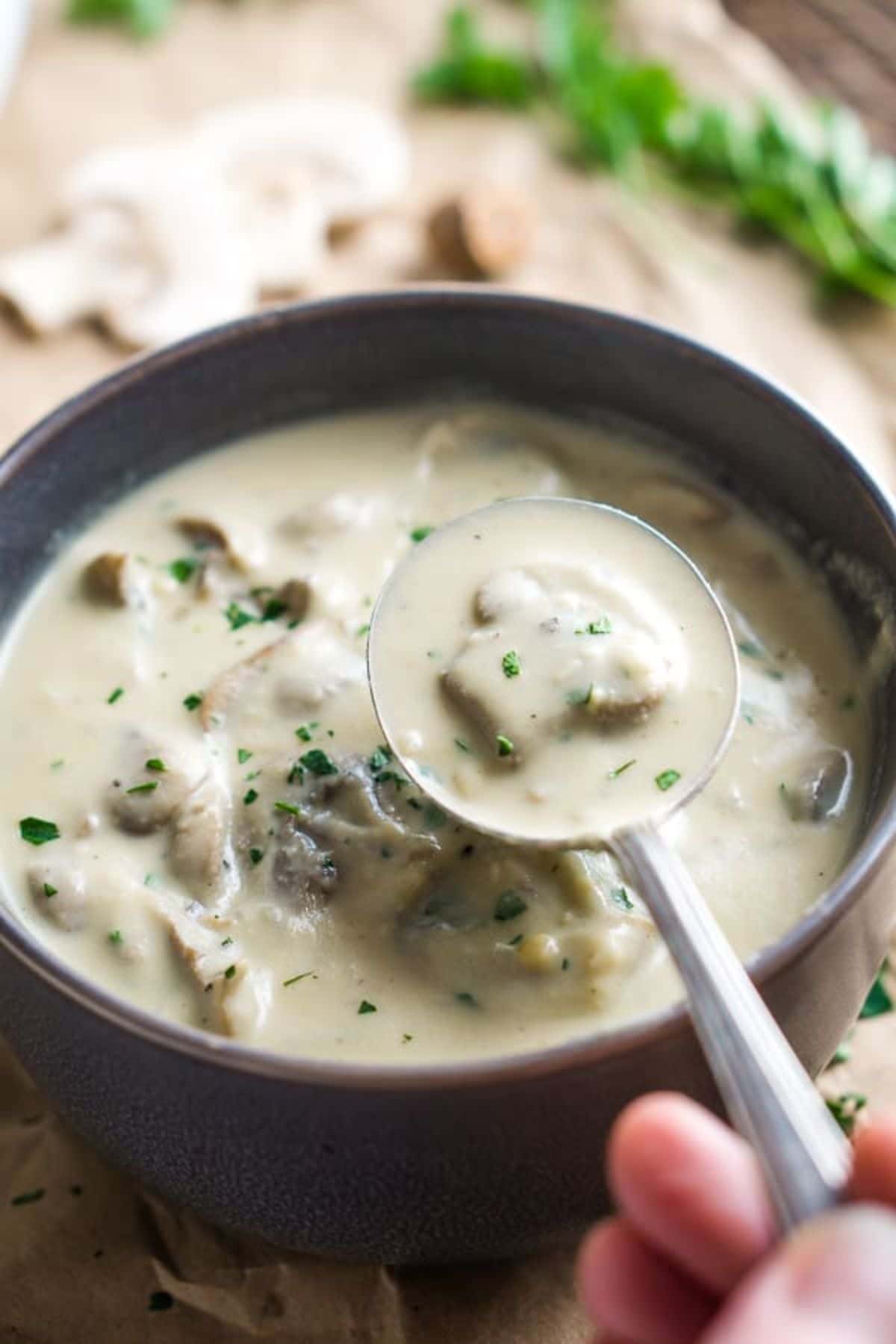 a pottery bowl of vegan cream of mushroom soup