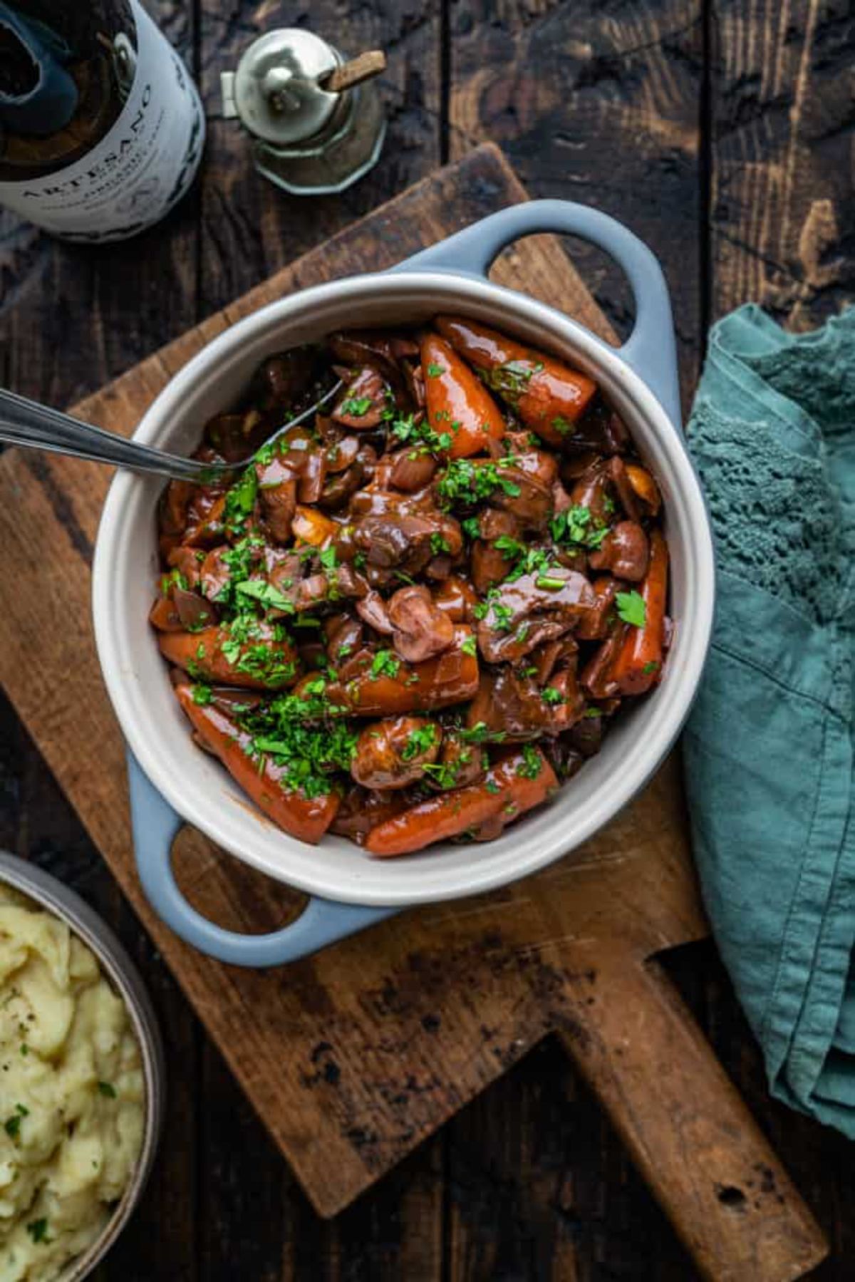 a casserole dish full of mushroom bourgoignon