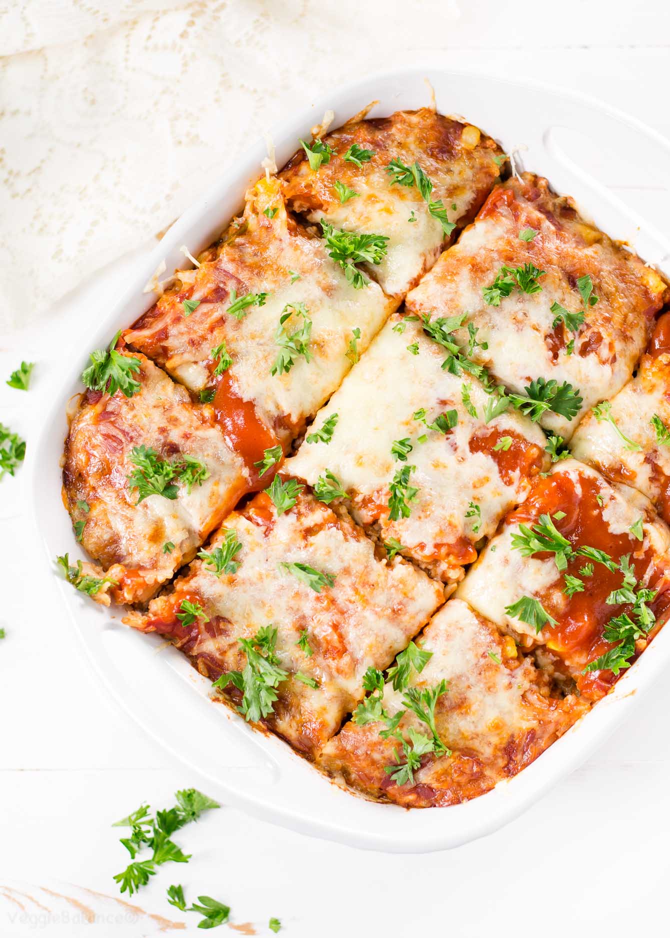 Enchilada Rice Casserole in white casserole dish