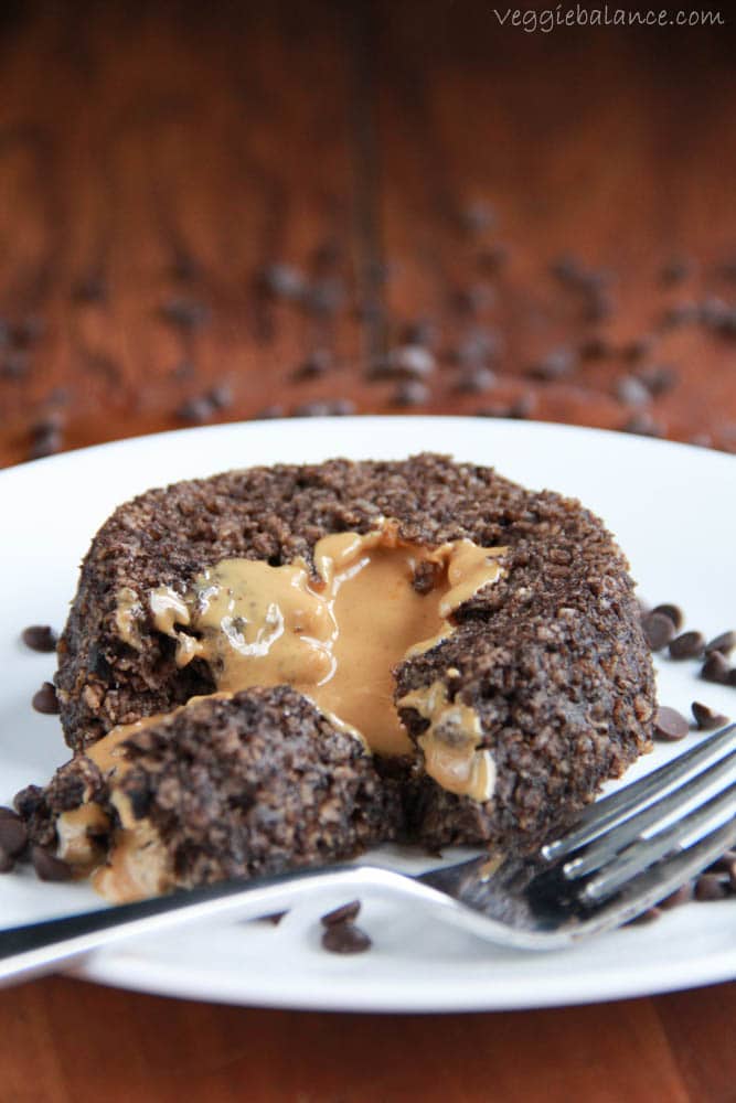 Healthy Baked Oatmeal with warm peanut butter lava cake