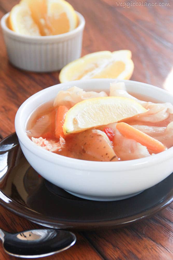 Caldo Soup with Cabbage Potatoes Chicken and Squeezed Lemon