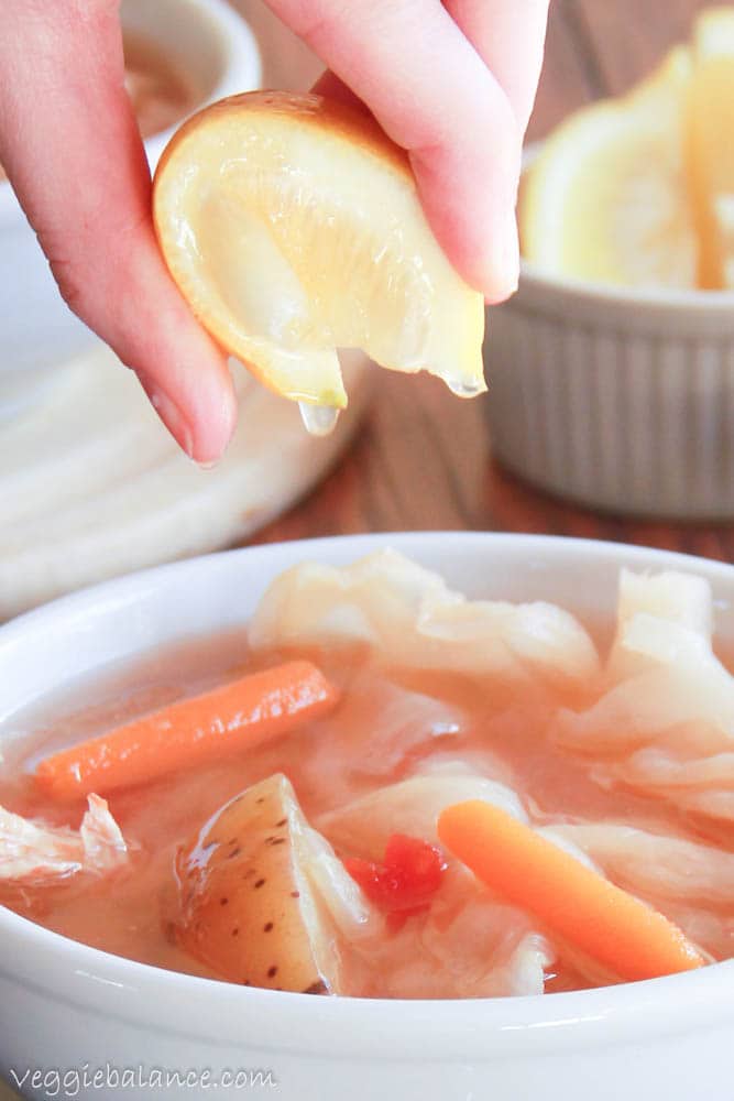 Caldo de Pollo with freshly squeezed lemon