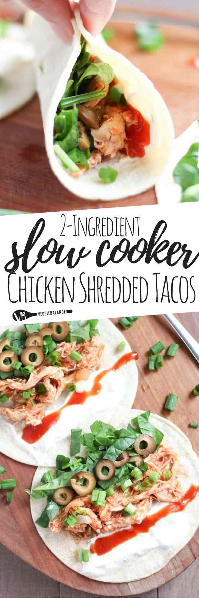Crockpot Shredded Chicken Tacos recipe made with just 2 ingredients. Gluten-Free and Dairy-Free. Healthy and Easy. Can't get any better than that.