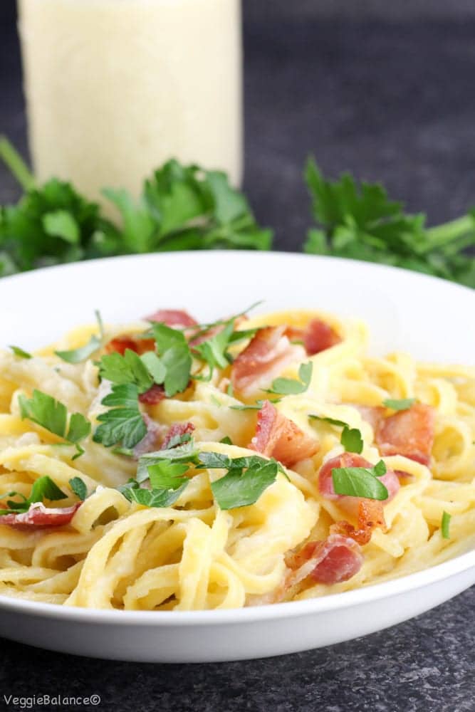 Fettuccine Alfredo with Bacon {Dairy-Free} - Veggiebalance.com