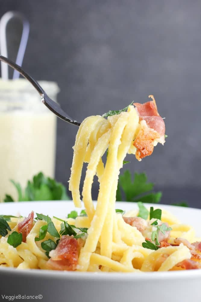 Fettuccine Alfredo with Bacon {Dairy-Free} - Veggiebalance.com