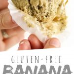 PINTEREST IMAGE with words "Gluten Free Banana Muffins" Gluten Free Banana Muffin being held