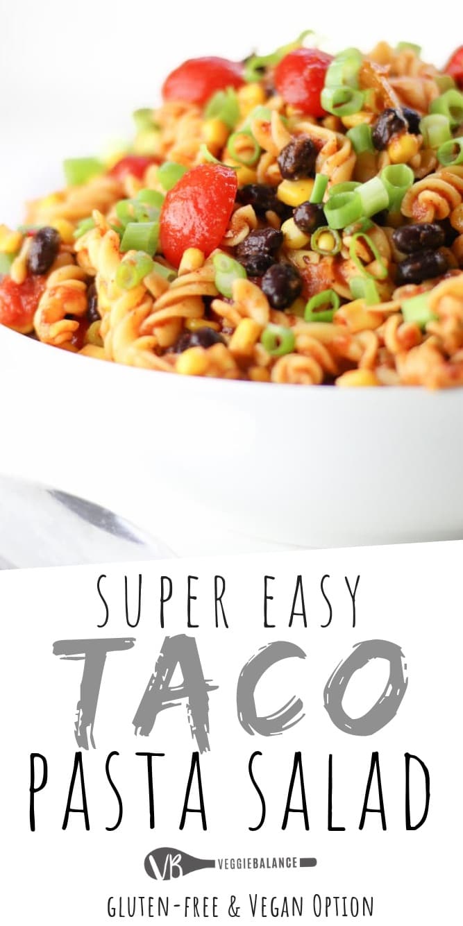 Taco Pasta Salad recipe made in just 15 minutes. So easy to make with healthy, all-natural ingredients. In no-time you'll have the perfect Easy Cold Taco Pasta Salad for the cookout. #Vegetarian #GlutenFree #DairyFree #Vegan #Healthy #PastaSalad #EasySideDish