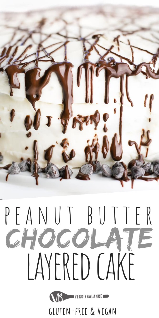 Gluten-Free Chocolate Cake recipe. The only chocolate cake recipe you'll ever need. Chocolate and Peanut Butter is the best combination and that is never truer than with this three layered gluten free chocolate cake with creamy peanut butter layers. #GlutenFree #DairyFree #Vegan #GlutenFreeDessert #Chocolate #PeanutButterDesserts #ChocolateDesserts #ChocolateCakeRecipe
