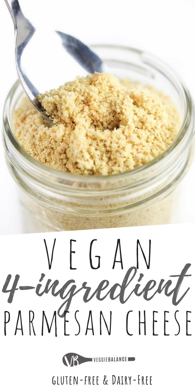 Vegan Parmesan Cheese recipe made with 4 simple ingredients in less than 5 minutes! Goes perfectly on top of spaghetti, veggies, or anything else you would put Parmesan on! Which for me, is like everything. (Gluten-Free, Dairy-Free, Vegan)