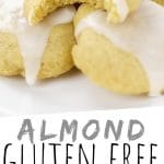 PINTEREST IMAGE with words "Almond Gluten Free Meltaways" Almond Meltaway Cookies with vanilla icing on top