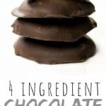 PINTEREST IMAGE with words "4 ingredient Chocolate Peppermint Patties" Chocolate Peppermint Patties stacked 4 high with the top one bitten in half showing the white insides.