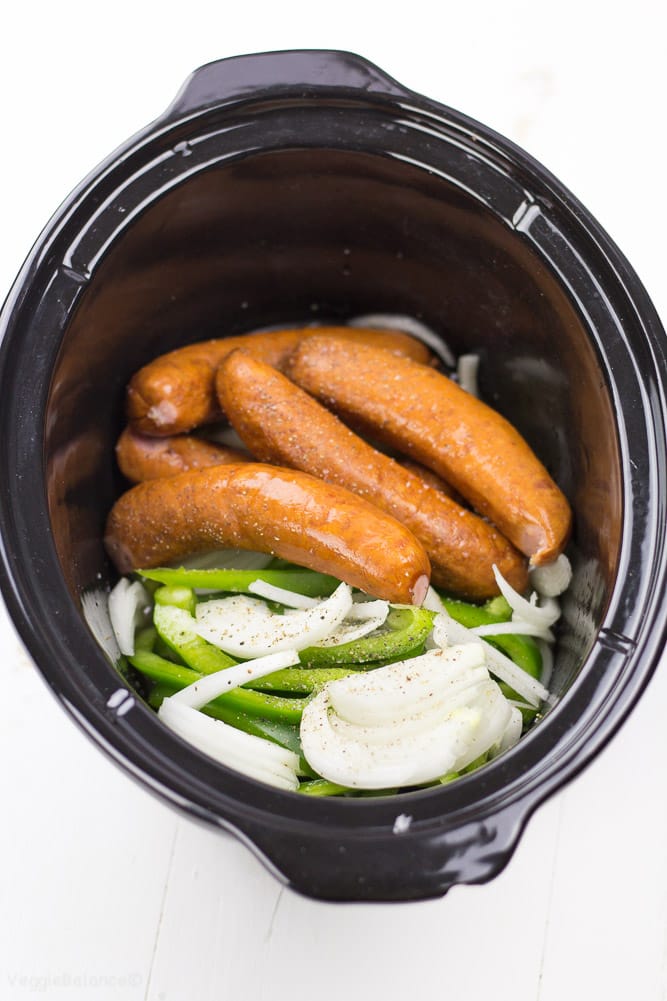 Crockpot Sausage and Peppers on a bed of rice - Veggiebalance.com