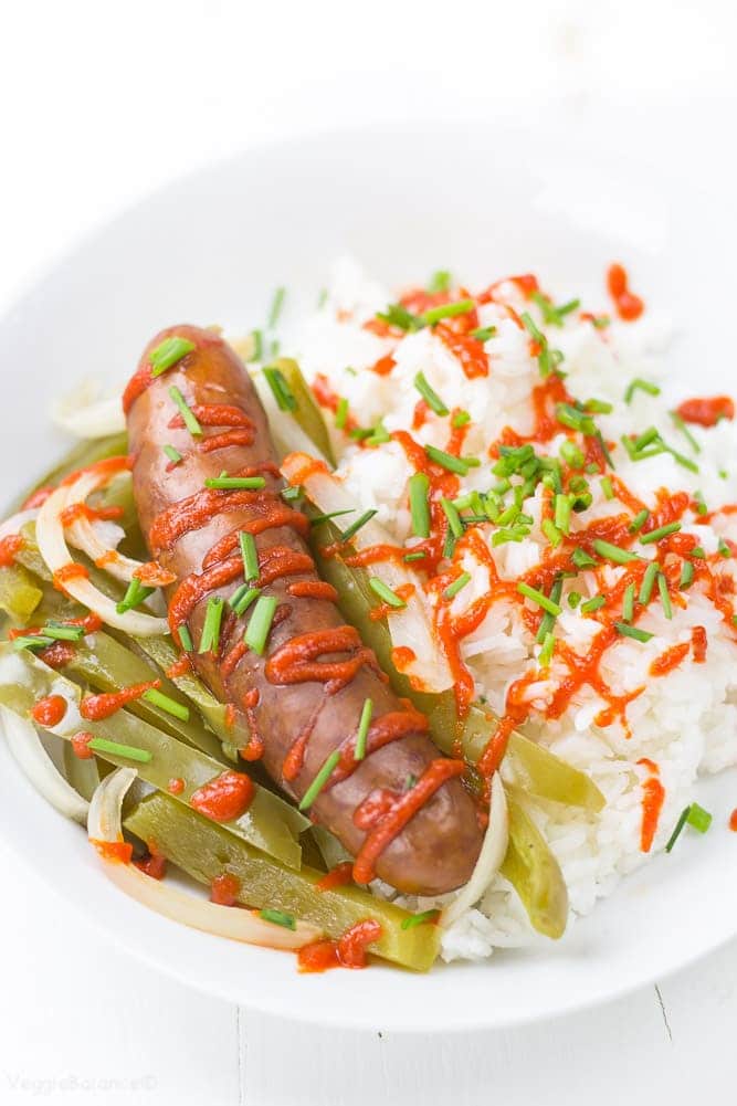 Sausage and Peppers on a bed of rice - Veggiebalance.com