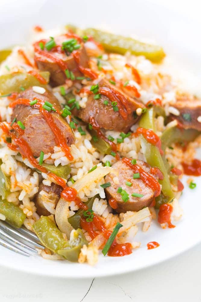 Crockpot Sausage and Peppers on a bed of rice - Veggiebalance.com