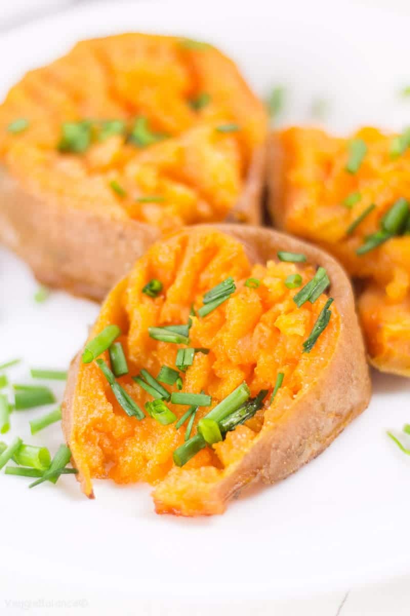 Smashed Sweet Potatoes drenched in garlic butter - Veggiebalance.com