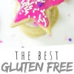 PINTEREST IMAGE with words "The Best Gluten Free Cut Out Cookies" The Best Gluten Free Cut Out Cookies star shaped with pink icing and sprinkles