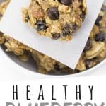 PINTEREST IMAGE with words "Healthy Blueberry Breakfast Cookies" Blueberry Breakfast Cookies in a bowl with one on top.