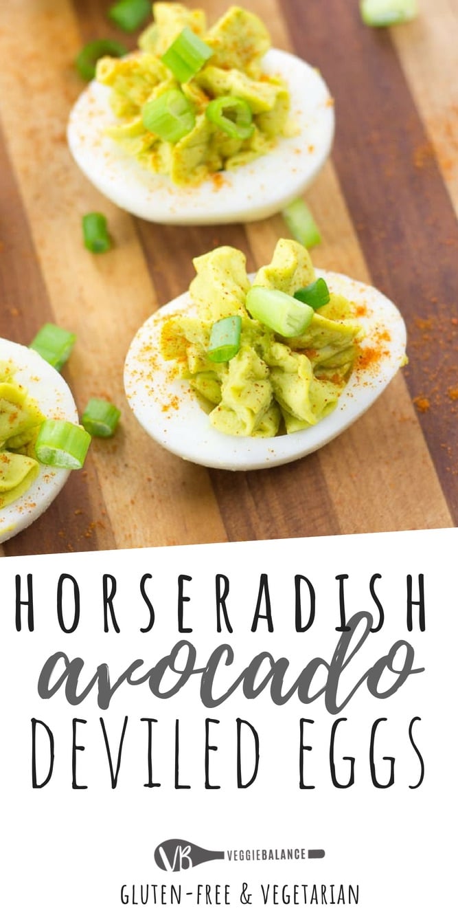 Deviled Eggs made heavenly healthy with all natural ingredients! Egg yolks whipped together with avocado, mustard and horseradish create a deliciously zesty and healthy appetizer to serve your guests.