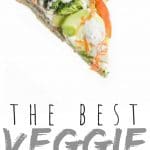 PINTEREST IMAGE with words "The Best Cold Veggie Pizza" The Best Cold Veggie Pizza slice being held.