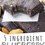 PINTEREST IMAGE with words "5 ingredient Blueberry No Bake Protein Bars" Blueberry No Bake Protein Bars in a bowl with one on top with a corner bitten off