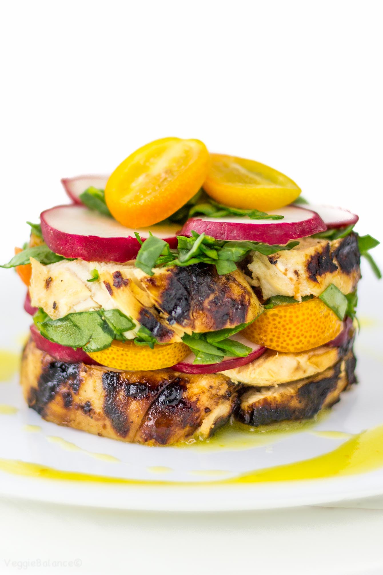 Easy Kumquat Dressing drizzled over a Chicken Stacked Salad (Gluten Free) - Veggiebalance.com