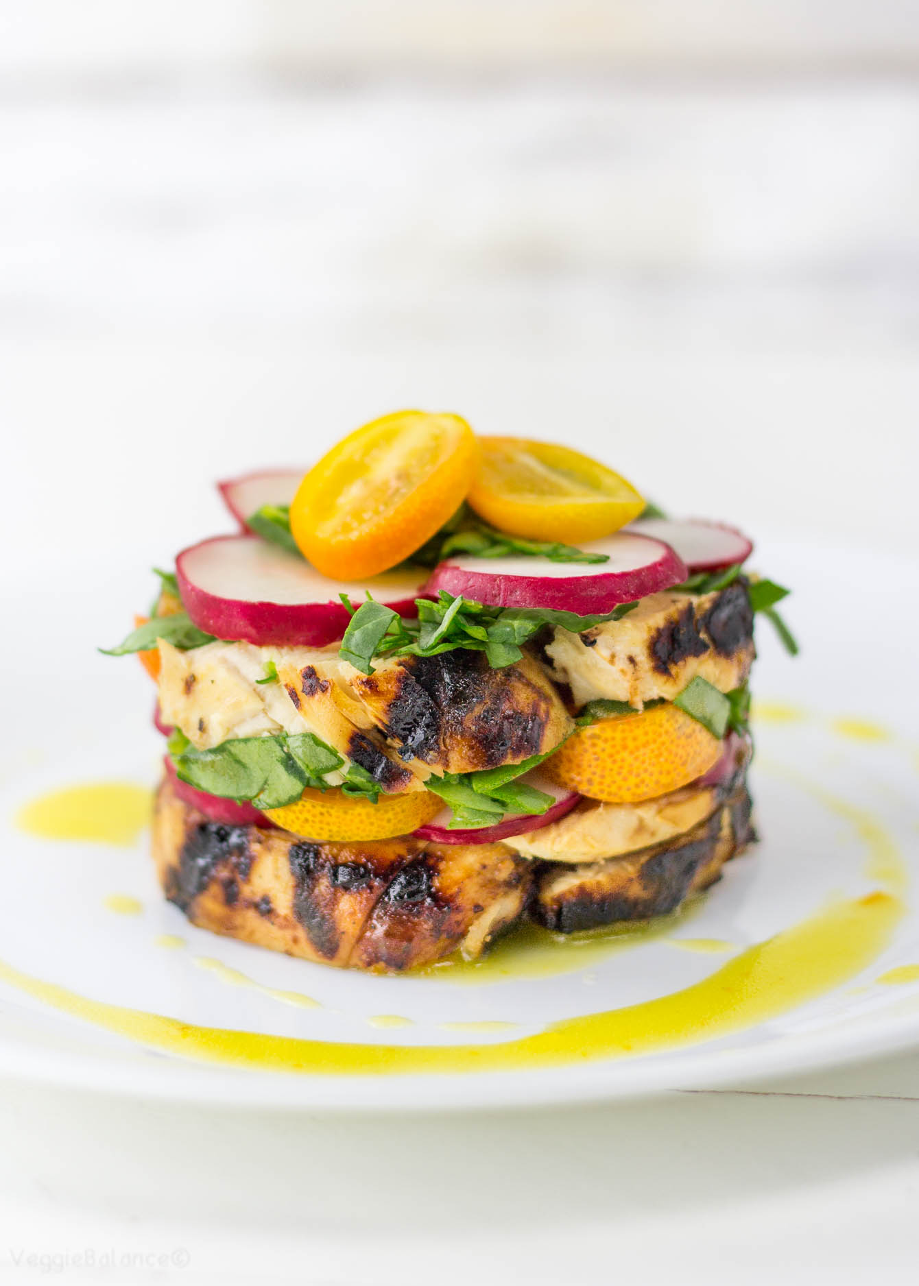 Easy Kumquat Dressing drizzled over a Chicken Stacked Salad (Gluten Free) - Veggiebalance.com 