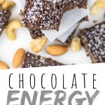 PINTEREST IMAGE with words "Chocolate Energy Bars" Chocolate Sea Salt Energy Bars with one missing a bite