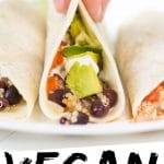 PINTEREST IMAGE with words "Vegan Quinoa Black Bean Tacos" Vegan Quinoa Black Bean Tacos on a white plate