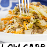 PINTEREST IMAGE with words "Low Carb Egg Roll in Bowl" Low Carb Egg Roll in Bowl with a fork sticking out