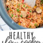 PINTEREST IMAGE with words "Healthy Slow Cooker Jambalaya" Slow Cooker Jambalaya Gluten-Free in a crockpot