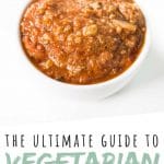 PINTEREST IMAGE with words "The Ultimate Guide to Vegetarian Meat Replacement" Vegetarian Meat Replacement in a small white bowl