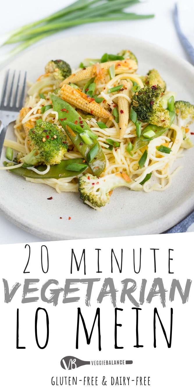 Gluten Free Lo Mein made in under 25 minutes for a quick and healthy gluten-free and vegetarian dinner. #glutenfree #dinnerideas #vegan #vegetarian #vegetarianrecipes #veganrecipes #glutenfreerecipes #vegandinner #vegetarindinner #under20minutedinner