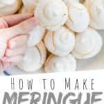 PINTEREST IMAGE with words "how to make Meringue Vanilla Cookies" Meringue Vanilla Cookies piled on a plate with one being held above