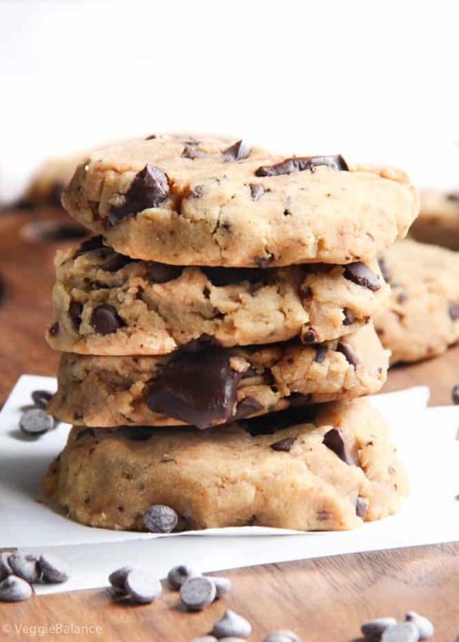 Best Vegan Chocolate Chip Cookies stacked four high