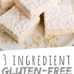 PINTEREST IMAGE with words "3 Ingredient Gluten Free Rice Krispie Treats" Gluten Free Rice Krispie Treats on a plate with one stacked on top