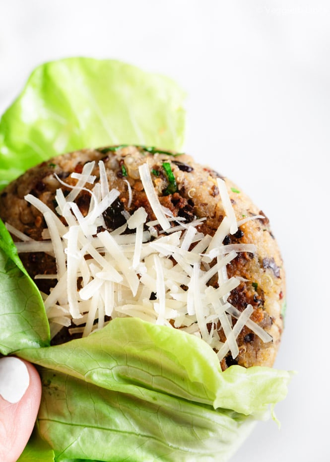 The Best Black Bean Burgers in a lettuce wrap with cheese