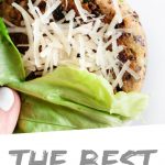 PINTEREST IMAGE with words "The Best Black Bean Burgers" The Best Black Bean Burgers in a lettuce wrap with cheese