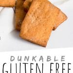 PINTEREST IMAGE with words "Dunkable Gluten Free Digestives" Gluten Free Digestives in a pile on a tea towel.