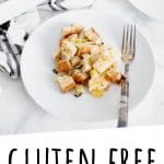 PINTEREST IMAGE with words "Gluten Free Stuffing" Gluten Free Stuffing on a white plate