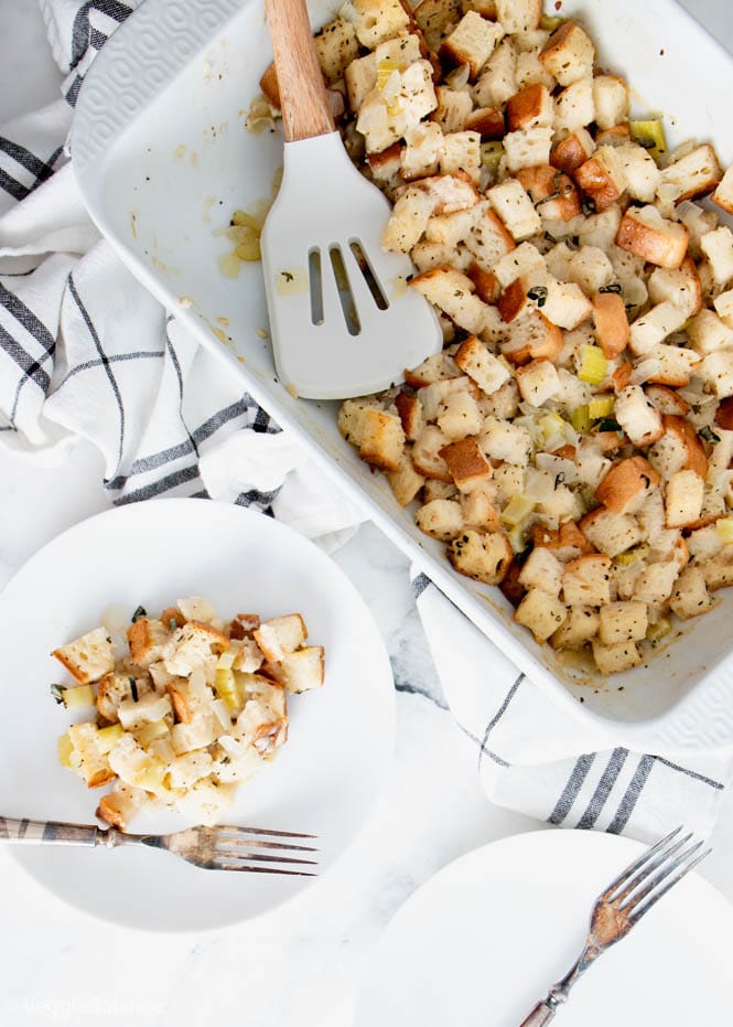 Overhead shot of Gluten Free Stuffing on a plate and in a white casserole dish