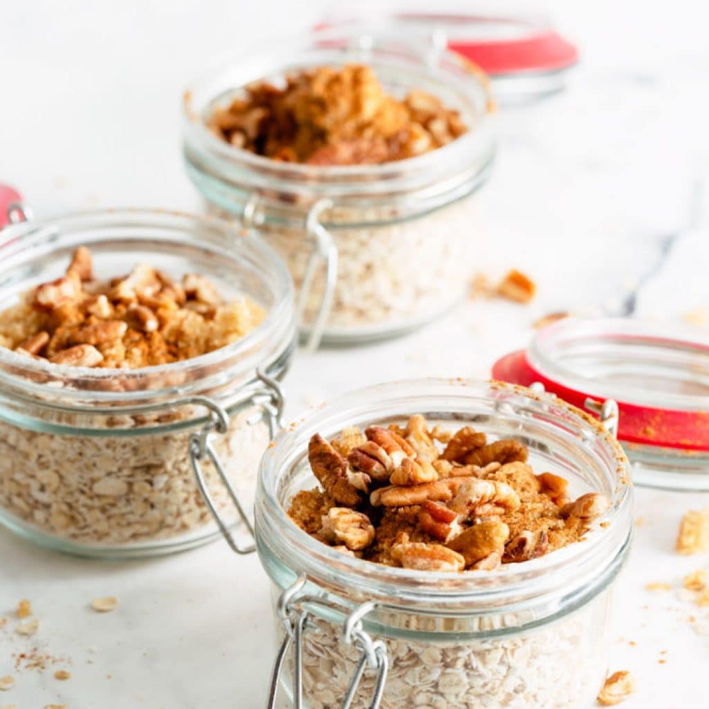 Brown Sugar Oatmeal Meal Prep Jars with brown sugar oatmeal and walnuts inside