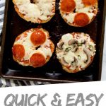 PINTEREST IMAGE with words "Quick & Easy Pizza Bagels" 6 Gluten Free Pizza Bagels on a baking sheet with different toppings