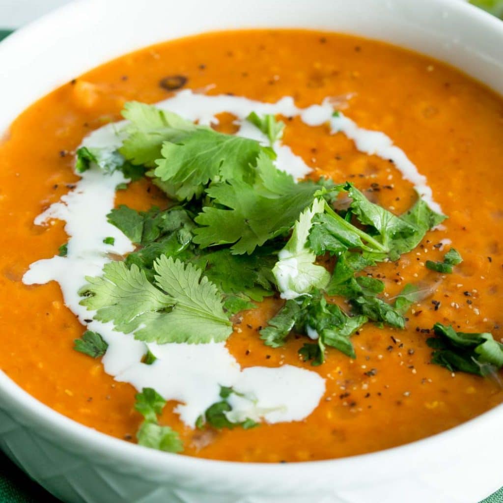 Instant Pot Red Lentil Soup in a white bowl