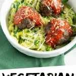 PINTEREST IMAGE with words "Vegetarian Meatless Meatballs" Vegetarian Meatless Meatballs on greens in a white bowl