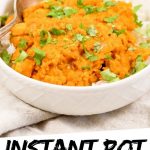 PINTEREST IMAGE with words "Instant Pot Lentil Curry" Instant Pot Lentil Curry in a white bowl