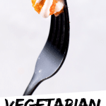 PINTEREST IMAGE with words "vegetarian buffalo wings" vegetarian buffalo wings bite on a black fork