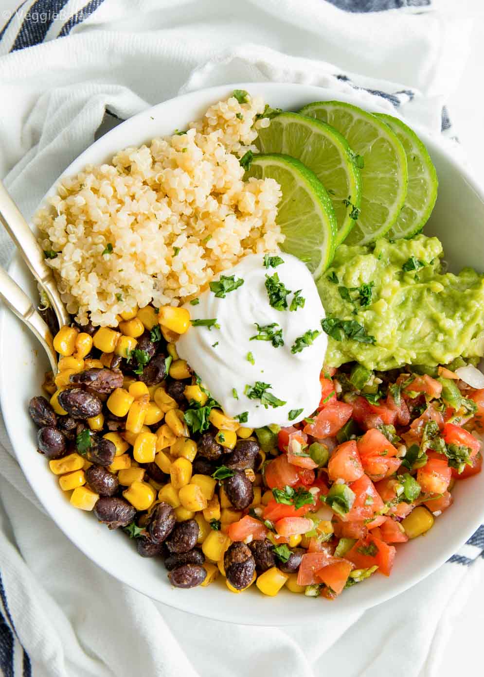 Easy Vegan Burrito Bowl built with white towel